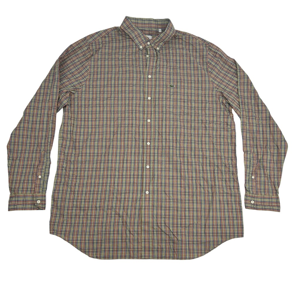 Lacoste Shirt‎ Men's 2XLT Olive Green Plaid Button Down Long Sleeve Preppy NEW